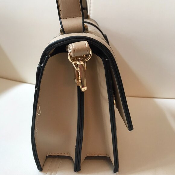 Beige Faux Suede and Faux Leather Crossbody Bag Purse Satchel with Top Handle - Picture 4 of 9